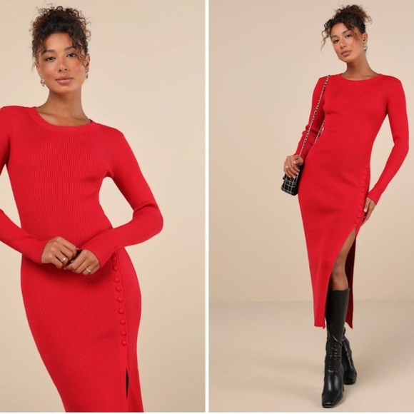 Lulus Dresses & Skirts - LULU's Chic Sexy Casual Ribbed Stretch Holiday Sweater Long Sleeve Midi Dress